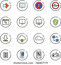 line vector icon set - right arrow vector, diagnostic monitor, no parkin odd, limited width road sign, cursor browser, shield, download, cloud, data exchange, chip, server, game console, gamepad
