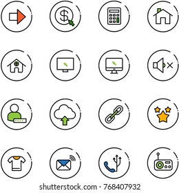 line vector icon set - right arrow vector, money click, calculator, home, monitor cursor, volume off, user password, upload cloud, link, stars, t shirt, wireless mail, phone, radio