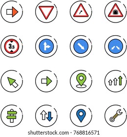 line vector icon set - right arrow vector, giving way road sign, turn, tunnel, limited height, only forward, detour, cursor, map pin, arrows up, signpost, down, navigation, wrench