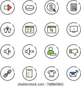 line vector icon set - right arrow vector, pill, money click, calculator, home, website, cursor browser, monitor, low volume, off, user password, dislike, link, document, t shirt, wireless mail