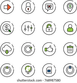 line vector icon set - right arrow vector, lock, bow message, dollar pin, money click, settings, unlocked, user, download cloud, reload, like, trash bin, standby, globe, sim, button