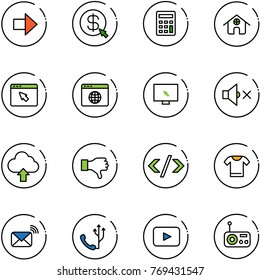 line vector icon set - right arrow vector, money click, calculator, home, cursor browser, globe, monitor, volume off, upload cloud, dislike, tag code, t shirt, wireless mail, phone, playback, radio