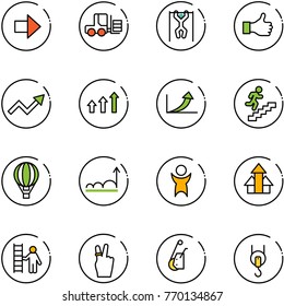 line vector icon set - right arrow vector, fork loader, pull ups, like, growth, arrows up, career, air balloon, success, opportunity, victory, winch