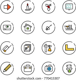 line vector icon set - right arrow vector, candle, holly, diagnostic monitor, credit card, home, key, pool, suitcase, photo, ship bell, corner ruler, pencil, tool box, camera, bear toy