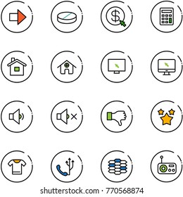 line vector icon set - right arrow vector, pill, money click, calculator, home, monitor cursor, low volume, off, dislike, stars, t shirt, phone, carbon, radio