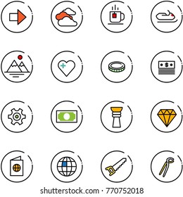 line vector icon set - right arrow vector, clouds, tea, snowmobile, mountains, heart, coin, dollar, gear, money, award, diamond, passport, globe, saw, plumber