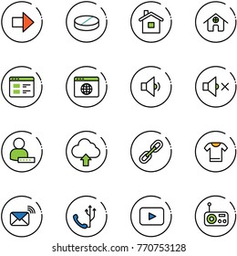 line vector icon set - right arrow vector, pill, home, website, browser globe, low volume, off, user password, upload cloud, link, t shirt, wireless mail, phone, playback, radio