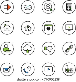 line vector icon set - right arrow vector, pill, money click, calculator, home, browser globe, monitor cursor, user password, upload cloud, dislike, link, wireless mail, phone, playback, radio