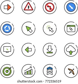 line vector icon set - right arrow vector, intersection road sign, no left turn, detour, circle, cursor, browser, monitor, download, upload cloud, target, growth, chevron, bow