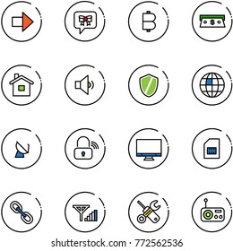 line vector icon set - right arrow vector, bow message, bitcoin, cash, home, low volume, shield, globe, satellite antenna, wireless lock, monitor, sim, link, fine signal, wrench screwdriver, radio