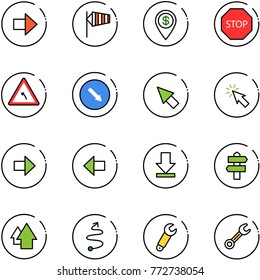 line vector icon set - right arrow vector, side wind, dollar pin, stop road sign, turn left, detour, cursor, download, signpost, up, trip, wrench