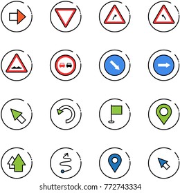 line vector icon set - right arrow vector, giving way road sign, turn, left, rough, no overtake, detour, only, cursor, undo, flag, map pin, up, trip, navigation