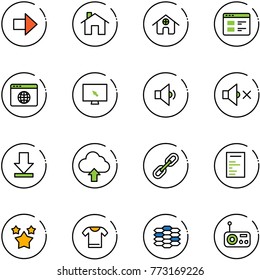 line vector icon set - right arrow vector, home, website, browser globe, monitor cursor, low volume, off, download, upload cloud, link, document, stars, t shirt, carbon, radio