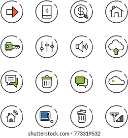 line vector icon set - right arrow vector, mobile payment, money click, home, key, settings, volume medium, upload cloud, chat, trash bin, dialog, wireless, monoblock pc, fine signal