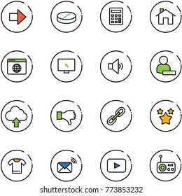 line vector icon set - right arrow vector, pill, calculator, home, browser globe, monitor cursor, low volume, user password, upload cloud, dislike, link, stars, t shirt, wireless mail, playback