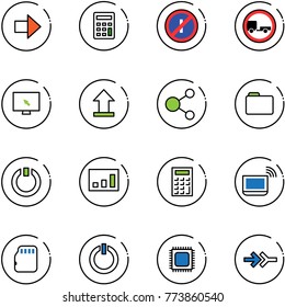 line vector icon set - right arrow vector, calculator, no parkin odd, trailer road sign, monitor cursor, uplooad, share, folder, standby, statistics, notebook wi fi, micro flash card, button, cpu
