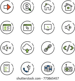 line vector icon set - right arrow vector, money click, home, website, cursor browser, monitor, low volume, off, upload cloud, link, tag code, document, phone, carbon, radio