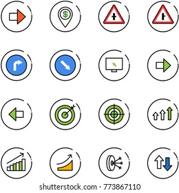 line vector icon set - right arrow vector, dollar pin, intersection road sign, only, detour, monitor cursor, left, target, arrows up, growth, rise, solution, down