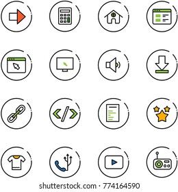 line vector icon set - right arrow vector, calculator, home, website, cursor browser, monitor, low volume, download, link, tag code, document, stars, t shirt, phone, playback, radio