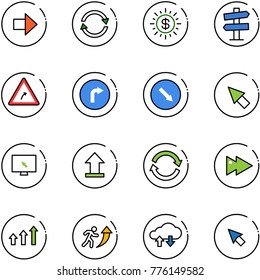 line vector icon set - right arrow vector, exchange, dollar sun, road signpost sign, turn, only, detour, cursor, monitor, uplooad, refresh, fast forward, arrows up, career, cloud data
