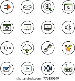 line vector icon set - right arrow vector, pill, money click, cursor browser, globe, monitor, low volume, off, upload cloud, link, stars, wireless mail, playback, carbon, radio