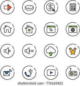 line vector icon set - right arrow vector, pill, money click, calculator, home, cursor browser, globe, low volume, off, upload cloud, stars, wireless mail, phone, playback, radio