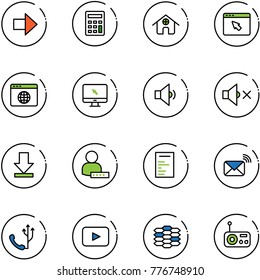 line vector icon set - right arrow vector, calculator, home, cursor browser, globe, monitor, low volume, off, download, user password, document, wireless mail, phone, playback, carbon, radio