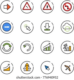 line vector icon set - right arrow vector, turn left road sign, intersection, no, only, cursor, download, refresh cloud, undo, growth, career, rise, arrows up, bow