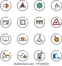 line vector icon set - right arrow vector, holly, sun, banana, credit card, safe, cash, wild animals road sign, monitor cursor, pedestal, mountain, moon flag, uv cream, mat, music player