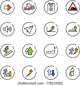 line vector icon set - right arrow vector, fork loader, pull ups, climb road sign, volume max, paper plane, growth, career, up, down arrows, winch