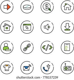 line vector icon set - right arrow vector, pill, money click, home, cursor browser, low volume, download, user password, link, tag code, document, t shirt, wireless mail, phone, radio