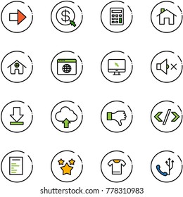 line vector icon set - right arrow vector, money click, calculator, home, browser globe, monitor cursor, volume off, download, upload cloud, dislike, tag code, document, stars, t shirt, phone