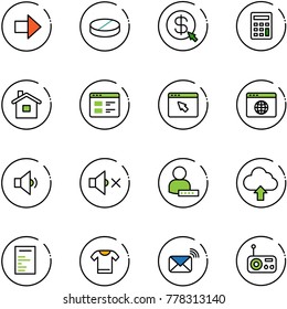 line vector icon set - right arrow vector, pill, money click, calculator, home, website, cursor browser, globe, low volume, off, user password, upload cloud, document, t shirt, wireless mail, radio