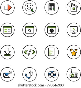 line vector icon set - right arrow vector, money click, calculator, home, website, cursor browser, globe, monitor, download, tag code, document, stars, wireless mail, phone, carbon, radio