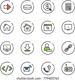 line vector icon set - right arrow vector, pill, money click, calculator, home, cursor browser, monitor, download, user password, link, tag code, wireless mail, phone, radio
