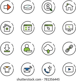 line vector icon set - right arrow vector, pill, money click, home, website, cursor browser, monitor, download, user password, upload cloud, link, t shirt, wireless mail, phone, playback