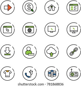 line vector icon set - right arrow vector, money click, home, website, cursor browser, globe, monitor, download, user password, upload cloud, link, t shirt, phone, carbon, radio