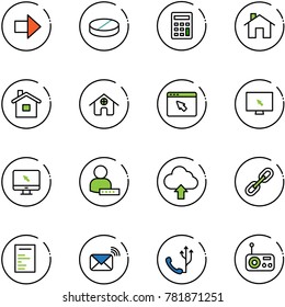 line vector icon set - right arrow vector, pill, calculator, home, cursor browser, monitor, user password, upload cloud, link, document, wireless mail, phone, radio