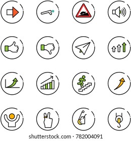 line vector icon set - right arrow vector, push ups, climb road sign, volume max, like, dislike, paper plane, arrows up, growth, career, success, victory, winch