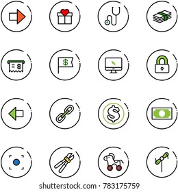 line vector icon set - right arrow vector, gift, stethoscope, dollar, receipt, flag, monitor cursor, locked, left, link, money, record button, bolt cutter, wheel horse, toy windmill