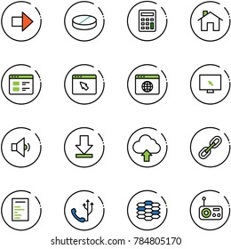 line vector icon set - right arrow vector, pill, calculator, home, website, cursor browser, globe, monitor, low volume, download, upload cloud, link, document, phone, carbon, radio
