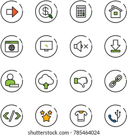 line vector icon set - right arrow vector, money click, calculator, home, browser globe, monitor cursor, volume off, download, user password, upload cloud, dislike, link, tag code, stars, t shirt