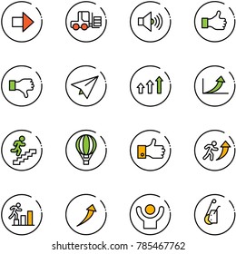 line vector icon set - right arrow vector, fork loader, volume max, like, dislike, paper plane, arrows up, growth, career, air balloon, finger, success, winch
