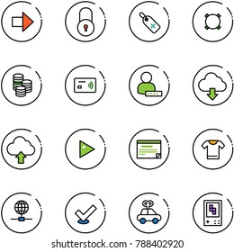 line vector icon set - right arrow vector, lock, medical label, currency, coin, tap pay, user password, download cloud, upload, play, schedule, t shirt, globe, check, car toy, game console