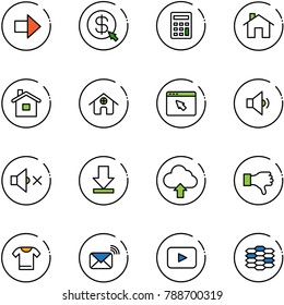 line vector icon set - right arrow vector, money click, calculator, home, cursor browser, low volume, off, download, upload cloud, dislike, t shirt, wireless mail, playback, carbon