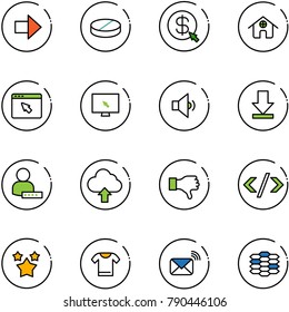 line vector icon set - right arrow vector, pill, money click, home, cursor browser, monitor, low volume, download, user password, upload cloud, dislike, tag code, stars, t shirt, wireless mail