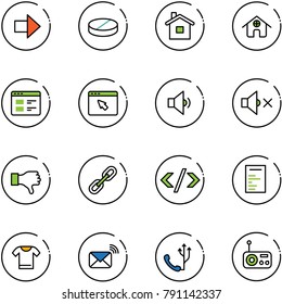 line vector icon set - right arrow vector, pill, home, website, cursor browser, low volume, off, dislike, link, tag code, document, t shirt, wireless mail, phone, radio