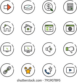 line vector icon set - right arrow vector, pill, money click, calculator, home, website, browser globe, monitor cursor, low volume, dislike, link, stars, phone, playback