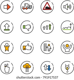 line vector icon set - right arrow vector, fork loader, climb road sign, volume max, uplooad, dislike, arrows up, growth, success, finger, opportunity, victory, cloud ladder, down, winch