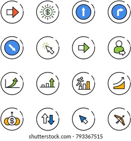 line vector icon set - right arrow vector, dollar sun, only forward road sign, detour, cursor, user login, growth, career, rise, up down arrows, bow